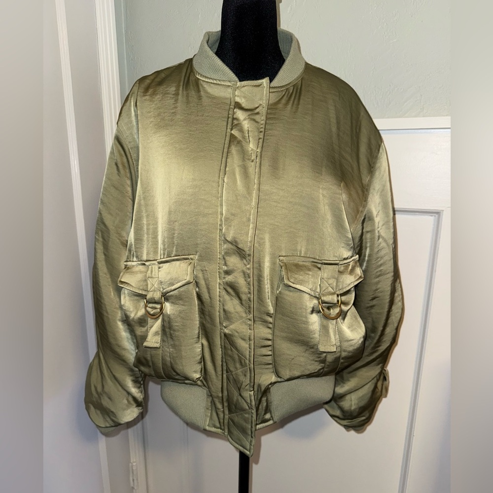 House of Harlow 1960 Sage Green Satin Bomber Jacket Ruched Sleeves NWOT Large